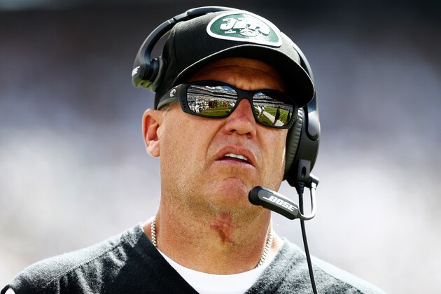 EAST RUTHERFORD, NJ - SEPTEMBER 07:  Head coach Rex Ryan of the New York Jets looks on from the sideline during the second quarter of a game against the Oakland Raiders at MetLife Stadium on September 7, 2014 in East Rutherford, New Jersey.  (Photo by Jeff Zelevansky/Getty Images)