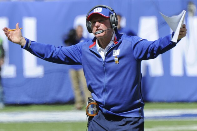 New York Giants head coach Tom Coughlin reacts to a call during the first half of an NFL football game against the Arizona Cardinals Sunday, Sept. 14, 2014, in East Rutherford, N.J.  (AP Photo/Bill Kostroun)