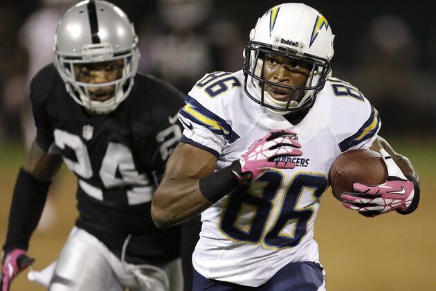 San Diego Chargers wide receiver Vincent Brown (86) runs in front of Oakland Raiders cornerback Charles Woodson (24) during the fourth quarter of an NFL football game in Oakland, Calif., Sunday, Oct. 6, 2013. (AP Photo/Ben Margot)