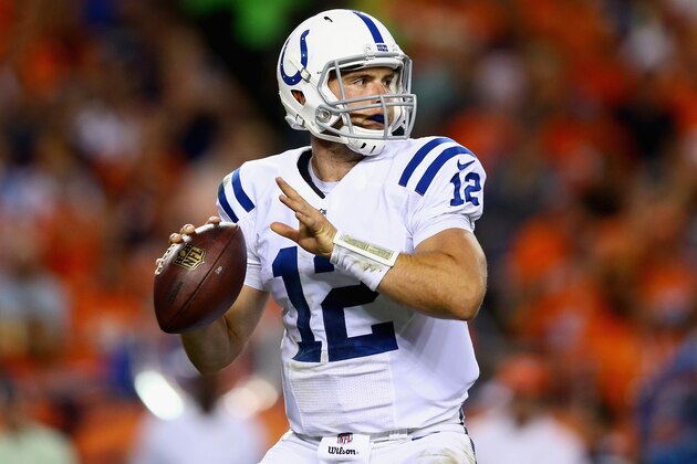 DENVER, CO - SEPTEMBER 07:  Quarterback Andrew Luck #12 of the Indianapolis Colts drops back to pass against the Denver Broncos at Sports Authority Field at Mile High on September 7, 2014 in Denver, Colorado.  (Photo by Jeff Gross/Getty Images)