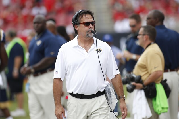 St. Louis Rams head coach Jeff Fisher walks the bench area during an NFL football game against the Tampa Bay Buccaneers Sunday, Sept. 14, 2014, in Tampa, Fla. (AP Photo/Brian Blanco)