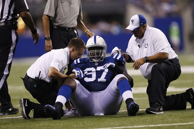 Indianapolis Colts defensive end Arthur Jones during the first half of an NFL preseason football game against the New Orleans Saints in Indianapolis, Saturday, Aug. 23, 2014. (AP Photo/Sam Riche)