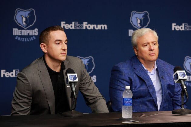 MEMPHIS, TN - AUGUST 1: Robert J. Pera and Chris Wallace of the Memphis Grizzlies address the media during a press conference introducing front office additions on August 1, 2014 at FedEx Forum in Memphis, Tennessee. NOTE TO USER: User expressly acknowledges and agrees that, by downloading and or using this photograph, user is consenting to the terms and conditions of the Getty Images License Agreement. Mandatory Copyright Notice: Copyright 2014 NBAE (Photo by Joe Murphy/NBAE via Getty Images)