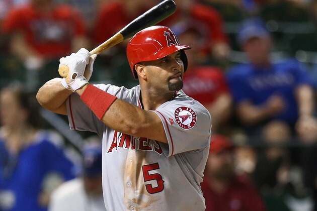ARLINGTON, TX - SEPTEMBER 10:  Albert Pujols #5 of the Los Angeles Angels at Globe Life Park in Arlington on September 10, 2014 in Arlington, Texas.  (Photo by Ronald Martinez/Getty Images)