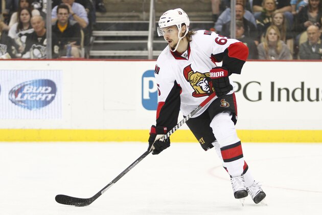 PITTSBURGH, PA - APRIL 13:  Erik Karlsson #65 of the Ottawa Senators skates against the Pittsburgh Penguins during the game at Consol Energy Center on April 13, 2014 in Pittsburgh, Pennsylvania.  (Photo by Justin K. Aller/Getty Images)