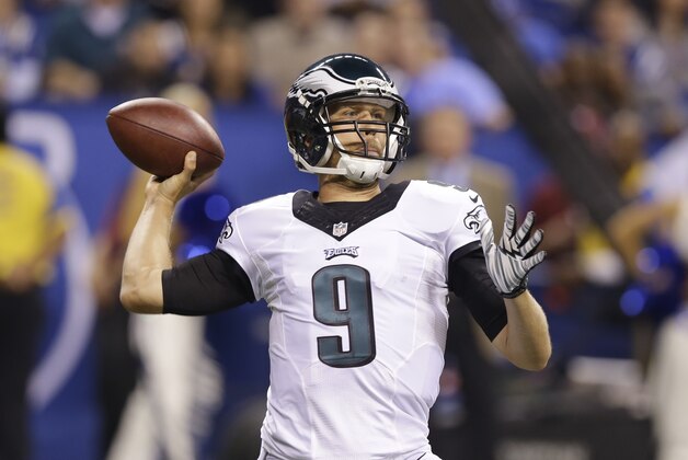 Philadelphia Eagles quarterback Nick Foles (9) throws during the second half of an NFL football game against the Indianapolis Colts Monday, Sept. 15, 2014, in Indianapolis. (AP Photo/Michael Conroy)