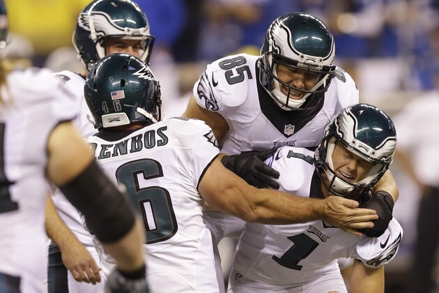 Philadelphia Eagles kicker Cody Parkey (1) celebrates with teammates after kicking a 36-yard field goal as time expired to win an NFL football game against the Indianapolis Colts Monday, Sept. 15, 2014, in Indianapolis. Philadelphia won 30-27. (AP Photo/Michael Conroy) Philadelphia Eagles kicker Cody Parkey (1) celebrates with teammates after kicking a 36-yard field goal as time expired to win an NFL football game against the Indianapolis Colts Monday, Sept. 15, 2014, in Indianapolis. Philadelphia won 30-27. (AP Photo/Michael Conroy)