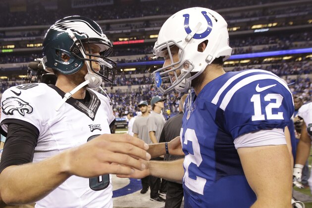 Philadelphia Eagles quarterback Nick Foles (9) is congratulated by Indianapolis Colts quarterback Andrew Luck (12) following an NFL football game Monday, Sept. 15, 2014, in Indianapolis. Philadelphia defeated Indianapolis 30-27. (AP Photo/AJ Mast) Philadelphia Eagles quarterback Nick Foles (9) is congratulated by Indianapolis Colts quarterback Andrew Luck (12) following an NFL football game Monday, Sept. 15, 2014, in Indianapolis. Philadelphia defeated Indianapolis 30-27. (AP Photo/AJ Mast)