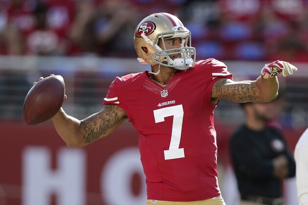 San Francisco 49ers quarterback Colin Kaepernick (7) throws before an NFL football game against the Chicago Bears in Santa Clara, Calif., Sunday, Sept. 14, 2014. (AP Photo/Marcio Jose Sanchez)