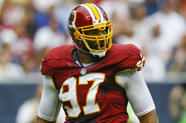 Sep 7, 2014; Houston, TX, USA; Washington Redskins defensive end Jason Hatcher (97) reacts during the game against the Houston Texans at NRG Stadium. Mandatory Credit: Kevin Jairaj-USA TODAY Sports