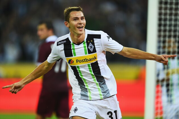 MOENCHENGLADBACH, GERMANY - AUGUST 28:  Branimir Hrgota of Borussia Moenchengladbach scores the third goal during the UEFA Europa League Qualifying Play-Offs Round second leg match between Borussia Moenchengladbach and FK Sarajevo at Borussia-Park on August 28, 2014 in Moenchengladbach, Germany.  (Photo by Dennis Grombkowski/Getty Images)