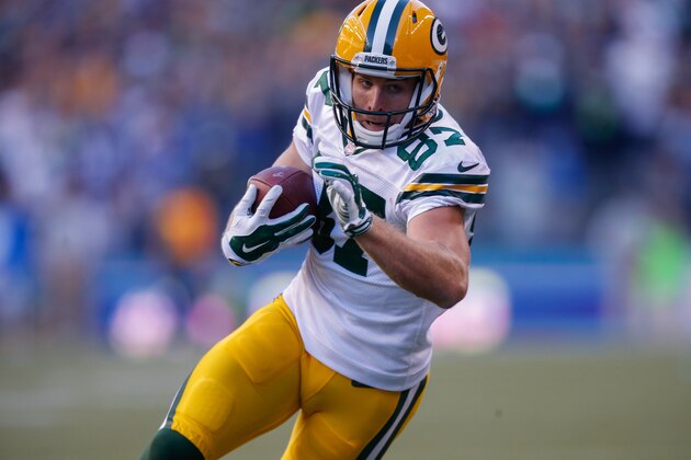 SEATTLE, WA - SEPTEMBER 04:  Wide receiver Jordy Nelson #87 of the Green Bay Packers rushes against the Seattle Seahawks at CenturyLink Field on September 4, 2014 in Seattle, Washington.  (Photo by Otto Greule Jr/Getty Images)