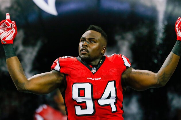 ATLANTA, GA - AUGUST 23: Jonathan Massaquoi #94 of the Atlanta Falcons is introduced prior to a preseason game against the Tennessee Titans at the Georgia Dome on August 23, 2014 in Atlanta, Georgia.  (Photo by Kevin C. Cox/Getty Images)