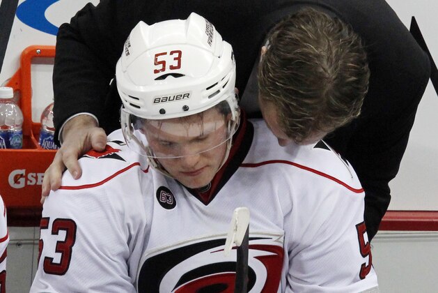 Carolina Hurricanes coach Kirk Muller, top, talks with Jeff Skinner (53) as he sits on the bench after returning to the game following a collision with Pittsburgh Penguins defenseman Brooks Orpik in third period of an NHL hockey game in Pittsburgh Tuesday, Jan. 17, 2012. The Penquins won in a shootout 2-1. (AP Photo/Gene J. Puskar) Carolina Hurricanes coach Kirk Muller, top, talks with Jeff Skinner (53) as he sits on the bench after returning to the game following a collision with Pittsburgh Penguins defenseman Brooks Orpik in third period of an NHL hockey game in Pittsburgh Tuesday, Jan. 17, 2012. The Penquins won in a shootout 2-1. (AP Photo/Gene J. Puskar)