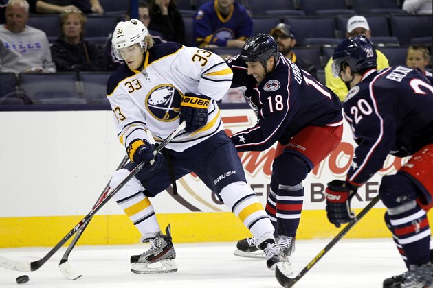 Buffalo Sabres' Joel Armia, left, of Finland works for the puck against Columbus Blue Jackets' R.J. Umberger, center, and Tim Erixon during a preseason NHL hockey game in Columbus, Ohio, Tuesday, Sept. 17, 2013. (AP Photo/Paul Vernon) Buffalo Sabres' Joel Armia, left, of Finland works for the puck against Columbus Blue Jackets' R.J. Umberger, center, and Tim Erixon during a preseason NHL hockey game in Columbus, Ohio, Tuesday, Sept. 17, 2013. (AP Photo/Paul Vernon)