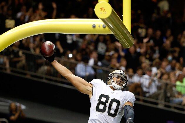 NEW ORLEANS, LA - AUGUST 15:  Jimmy Graham #80 of the New Orleans Saints celebrates a touchdown during a preseason game against the Tennessee Titans at the Mercedes-Benz Superdome on August 15, 2014 in New Orleans, Louisiana.  (Photo by Stacy Revere/Getty Images)