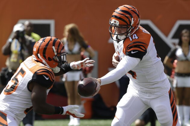 Cincinnati Bengals quarterback Andy Dalton (14) hands off to running back Giovani Bernard in the first half of an NFL football game against the Atlanta Falcons, Sunday, Sept. 14, 2014, in Cincinnati. (AP Photo/Al Behrman)