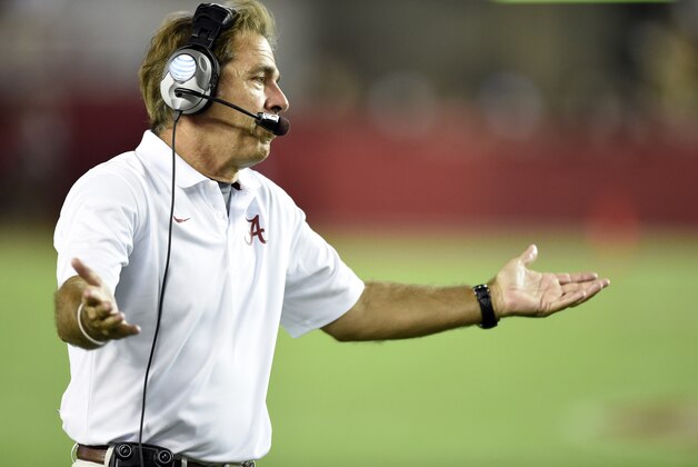 Sep 13, 2014; Tuscaloosa, AL, USA; Alabama Crimson Tide head coach Nick Saban reacts against the Southern Miss Golden Eagles during the third quarter at Bryant-Denny Stadium. Alabama defeated the Southern Miss Golden Eagles 52-12. Mandatory Credit: John David Mercer-USA TODAY Sports