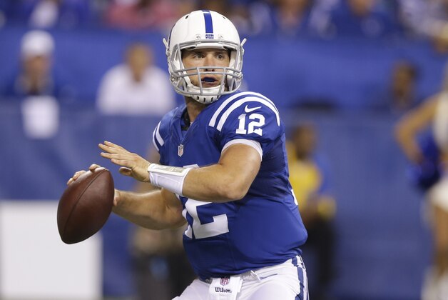 Indianapolis Colts quarterback Andrew Luck (12) throws during the first half of an NFL football game against the Philadelphia Eagles Monday, Sept. 15, 2014, in Indianapolis. (AP Photo/Michael Conroy)