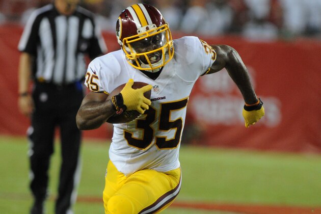 TAMPA, FL - AUGUST 28: Running back Lache Seastrunk #35 of the Washington Redskins runs against the Tampa Bay Buccaneers at Raymond James Stadium on August 28, 2014 in Tampa, Florida. (Photo by Cliff McBride/Getty Images)