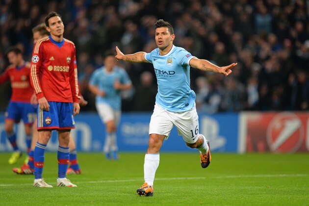 MANCHESTER, ENGLAND - NOVEMBER 05:  Sergio Aguero of Manchester City celebrates scoring the second goal  during the UEFA Champions League Group D match between Manchester City and CSKA Moscow at the  Etihad Stadium on November 5, 2013 in Manchester, England.  (Photo by Shaun Botterill/Getty Images)