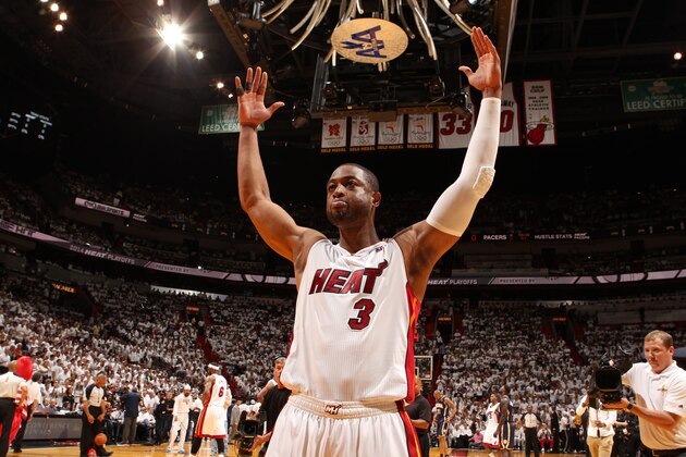 MIAMI, FL - May 26: Dwyane Wade #3 of the Miami Heat gets ready before Game Four of the Eastern Conference Finals against the Indiana Pacers during the 2014 NBA Playoffs at the American Airlines Arena in Miami, Florida on May 26, 2014. NOTE TO USER: User expressly acknowledges and agrees that, by downloading and/or using this photograph, user is consenting to the terms and conditions of the Getty Images License Agreement. Mandatory copyright notice: Copyright NBAE 2014 (Photo by Issac Baldizon/NBAE via Getty Images)
