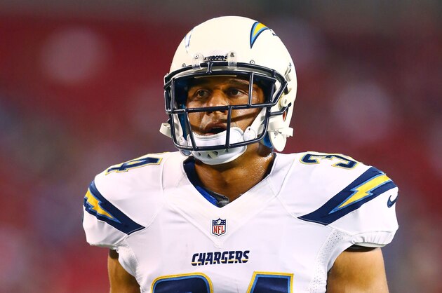 Sep 8, 2014; Glendale, AZ, USA; San Diego Chargers running back Donald Brown (34) against the Arizona Cardinals at University of Phoenix Stadium. The Cardinals defeated the Chargers 18-17. Mandatory Credit: Mark J. Rebilas-USA TODAY Sports