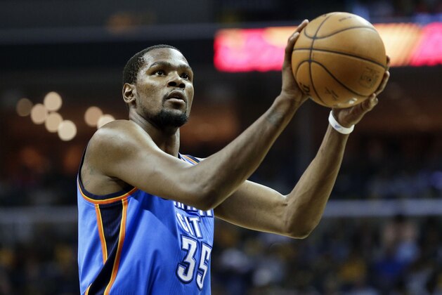 Oklahoma City Thunder forward Kevin Durant shoots a free throw in the second half of Game 6 of an opening-round NBA basketball playoff series Thursday, May 1, 2014, in Memphis, Tenn. Durant led Oklahoma City with 36 points as they won 104-84 to even the series 3-3. (AP Photo/Mark Humphrey)