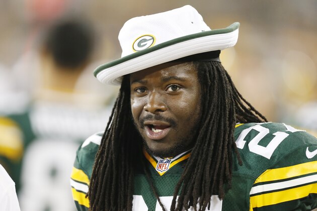 Green Bay Packers' Eddie Lacy on the sidelines during the second half of an NFL preseason football game against the Oakland Raiders Friday, Aug. 22, 2014, in Green Bay, Wis. (AP Photo/Mike Roemer)