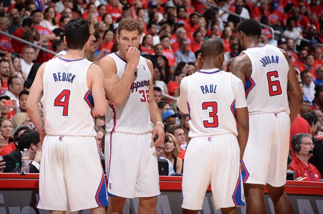LOS ANGELES, CA - MAY 15:  Blake Griffin #32 and the Los Angeles Clippers huddle up against the Oklahoma City Thunder in Game Six of the Western Conference Semifinals during the 2014 NBA Playoffs at Staples Center on May 15, 2014 in Los Angeles, California. NOTE TO USER: User expressly acknowledges and agrees that, by downloading and/or using this Photograph, user is consenting to the terms and conditions of the Getty Images License Agreement. Mandatory Copyright Notice: Copyright 2014 NBAE (Photo by Andrew D. Bernstein/NBAE via Getty Images)