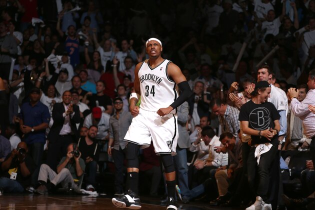 BROOKLYN, NY - MAY 12: Paul Pierce #34 of the Brooklyn Nets celebrates in Game Four of the Eastern Conference Semifinals against the Miami Heat during the 2014 NBA Playoffs on May 12, 2014 at Barclays Center in Brooklyn. NOTE TO USER: User expressly acknowledges and agrees that, by downloading and or using this photograph, User is consenting to the terms and conditions of the Getty Images License Agreement. Mandatory Copyright Notice: Copyright 2014 NBAE (Photo by Nathaniel S. Butler/NBAE via Getty Images)