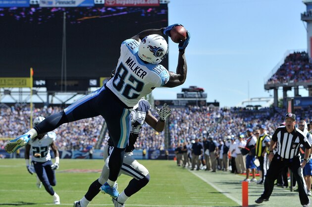 NASHVILLE, TN - SEPTEMBER 14: Delanie Walker #82 of the Tennessee Titans catches the ball in the end zone moments before landing out of bounds for an incomplete pass against the Dallas Cowboys  in the second half of a game at LP Field on September 14, 2014 in Nashville, Tennessee.  (Photo by Frederick Breedon/Getty Images)
