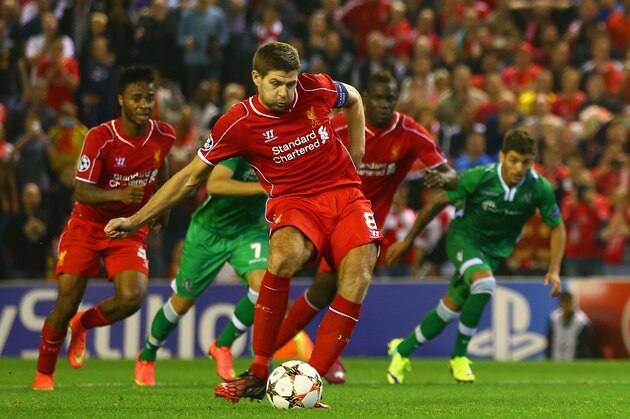 LIVERPOOL, ENGLAND - SEPTEMBER 16:  Steven Gerrard of Liverpool scores their second goal from the penalty spot during the UEFA Champions League Group B match between Liverpool FC and PFC Ludogorets Razgrad at Anfield on September 16, 2014 in Liverpool, United Kingdom.  (Photo by Clive Brunskill/Getty Images)