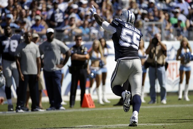 Dallas Cowboys middle linebacker Rolando McClain (55) heads down the field after intercepting a pass against the Tennessee Titans in the fourth quarter of an NFL football game Sunday, Sept. 14, 2014, in Nashville, Tenn. (AP Photo/Wade Payne)