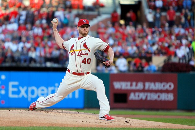 St. Louis Cardinals starting pitcher Shelby Miller  throws during the first inning of a baseball game against the Colorado Rockies Saturday, Sept. 13, 2014, in St. Louis. (AP Photo/Scott Kane)