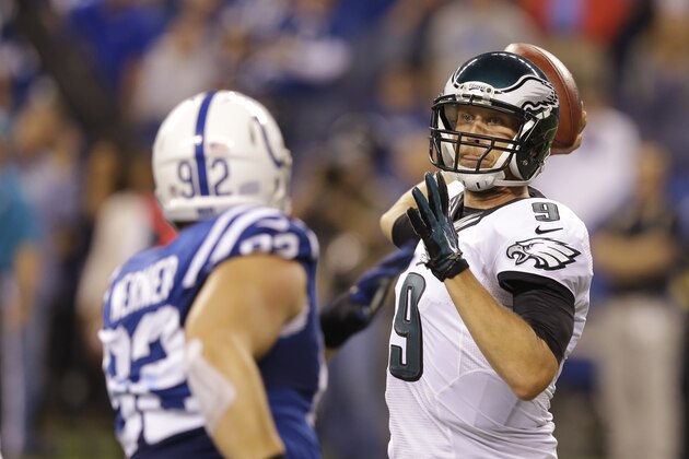 Philadelphia Eagles quarterback Nick Foles (9) throws during the first half of an NFL football game against the Indianapolis Colts Monday, Sept. 15, 2014, in Indianapolis. (AP Photo/Michael Conroy)