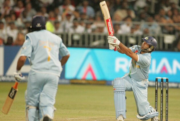 DURBAN, SOUTH AFRICA - 19 September:  Six no. 5, India's Yuvraj Singh hits six sixes off Stuart Broad of England in one over for his 58 runs off 16 balls during the ICC Twenty20 Cricket World Championship Super Eights match between England and India at Kingsmead on September 19, 2007 in Durban, South Africa.   (Photo by Duif du Toit/Gallo Images/Getty Images)