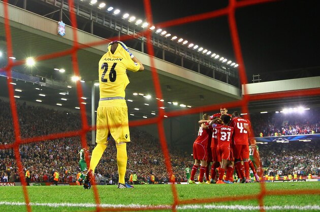 LIVERPOOL, ENGLAND - SEPTEMBER 16:  Steven Gerrard of Liverpool celebrates scoring the second goal from the penalty spot with team mates as Milan Borjan of PFC Ludogorets Razgrad reacts during the UEFA Champions League Group B match between Liverpool FC and PFC Ludogorets Razgrad at Anfield on September 16, 2014 in Liverpool, United Kingdom.  (Photo by Clive Brunskill/Getty Images)