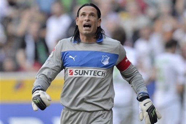 Hoffenheim goalkeeper Tim Wiese reacts after he receives the first goal during the German first division Bundesliga soccer match between Borussia Moenchengladbach and 1899 Hoffenheim in Moenchengladbach, Germany, Saturday, Aug. 25, 2012. (AP Photo/Martin Meissner) NO MOBILE USE UNTIL 2 HOURS AFTER THE MATCH, WEBSITE USERS ARE OBLIGED TO COMPLY WITH DFL-RESTRICTIONS, SEE INSTRUCTIONS FOR DETAILS
