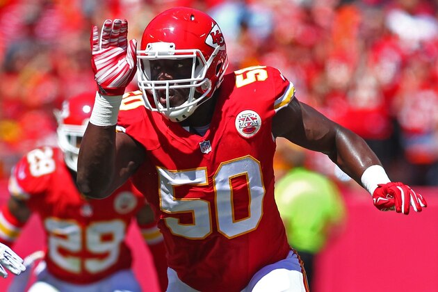 Kansas City Chiefs Justin Houston (50) rushes the quarterback during an NFL game against the Tennessee Titans on Sunday Sept. 7, 2014 at Arrowhead Stadium in Kansas City, Mo. (AP Photo/TUSP, Jay Biggerstaff)