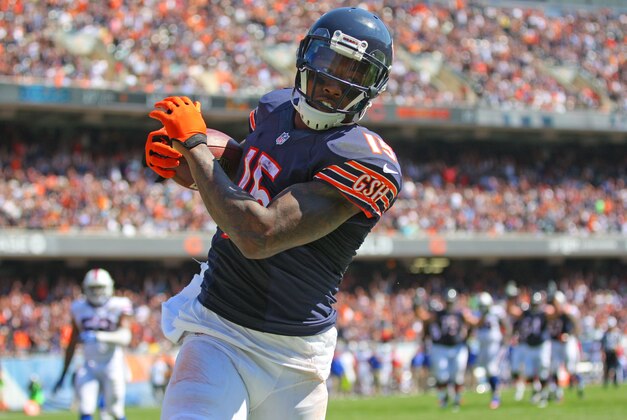 Sep 7, 2014; Chicago, IL, USA; Chicago Bears wide receiver Brandon Marshall (15) catches a touchdown pass during the second half against the Buffalo Bills at Soldier Field. Buffalo won 23-20 in overtime. Mandatory Credit: Dennis Wierzbicki-USA TODAY Sports