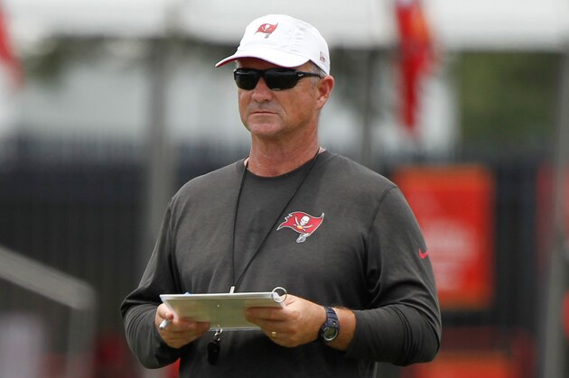 Jul 28, 2014; Tampa, FL, USA; Tampa Bay Buccaneers  offensive coordinator Jeff Tedford looks on during training camp at One Buc Place. Mandatory Credit: Kim Klement-USA TODAY Sports