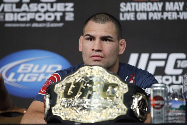 May 25, 2013; Las Vegas, NV, USA; Cain Velasquez speaks to media following UFC 160 at the MGM Grand Garden Arena. Mandatory Credit: Gary A. Vasquez-USA TODAY Sports