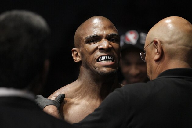 Francis Carmont, from Canada, before a UFC on Fuel 4 Mixed Martial Arts middleweight bout against Karlos Vemola, from England, in San Jose, Calif., Wednesday, July 11, 2012. (AP Photo/Jeff Chiu)
