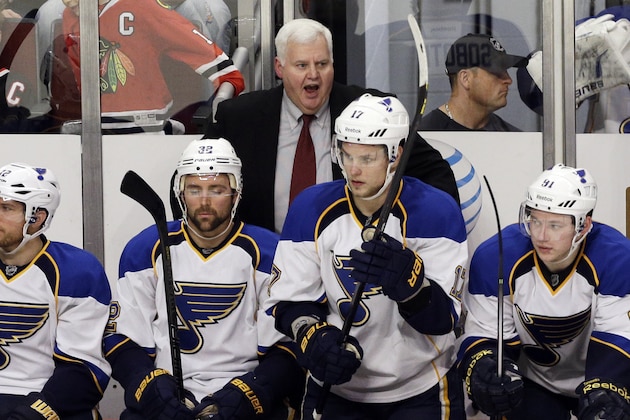 St. Louis Blues head coach Ken Hitchcock yells his team during the third period in Game 6 of a first-round NHL hockey playoff series against the Chicago Blackhawks in Chicago, Sunday, April 27, 2014. The Blackhawks won 5-1. (AP Photo/Nam Y. Huh) St. Louis Blues head coach Ken Hitchcock yells his team during the third period in Game 6 of a first-round NHL hockey playoff series against the Chicago Blackhawks in Chicago, Sunday, April 27, 2014. The Blackhawks won 5-1. (AP Photo/Nam Y. Huh)
