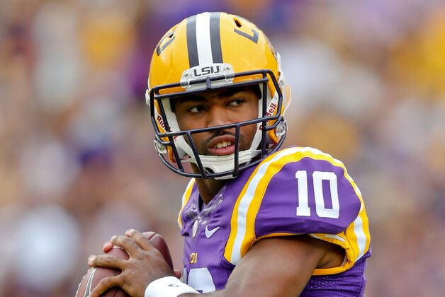 Sep 13, 2014; Baton Rouge, LA, USA; LSU Tigers quarterback Anthony Jennings (10) prior to a game against the Louisiana Monroe Warhawks at Tiger Stadium. Mandatory Credit: Derick E. Hingle-USA TODAY Sports