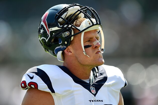 OAKLAND, CA - SEPTEMBER 14:  J.J. Watt #99 of the Houston Texans looks on during pre-game warm ups prior to playing the Oakland Raiders at O.co Coliseum on September 14, 2014 in Oakland, California.  (Photo by Thearon W. Henderson/Getty Images)