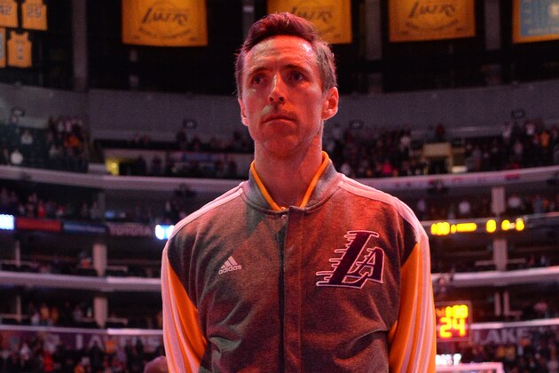 LOS ANGELES, CA - MARCH 21: Steve Nash #10 of the Los Angeles Lakers before a game against the Washington Wizards at Staples Center on March 21, 2014 in Los Angeles, California. NOTE TO USER: User expressly acknowledges and agrees that, by downloading and/or using this Photograph, user is consenting to the terms and conditions of the Getty Images License Agreement. Mandatory Copyright Notice: Copyright 2014 NBAE (Photo by Andrew D. Bernstein/NBAE via Getty Images)