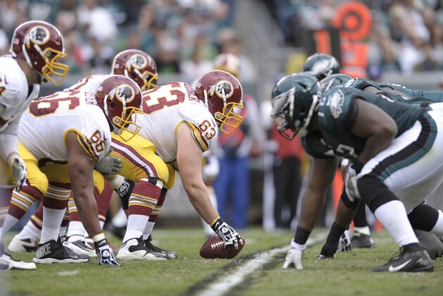 Washington Redskins' Will Montgomery is seen during the first half of an NFL football game against Philadelphia Eagles in Philadelphia, Sunday, Nov. 17, 2013. (AP Photo/Michael Perez)