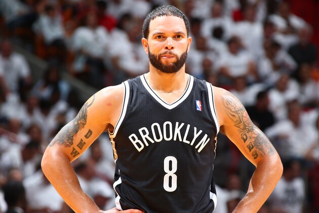 MIAMI, FL - MAY 8: Deron Williams #8 of the Brooklyn Nets looks on against the Miami Heat during Game Two of the Eastern Conference Semifinals of the 2014 NBA playoffs at American Airlines Arena in Miami, Florida on May 8, 2014.  NOTE TO USER: User expressly acknowledges and agrees that, by downloading and or using this photograph, User is consenting to the terms and conditions of the Getty Images License Agreement. Mandatory Copyright Notice: Copyright 2014 NBAE  (Photo by Nathaniel S. Butler/NBAE via Getty Images)